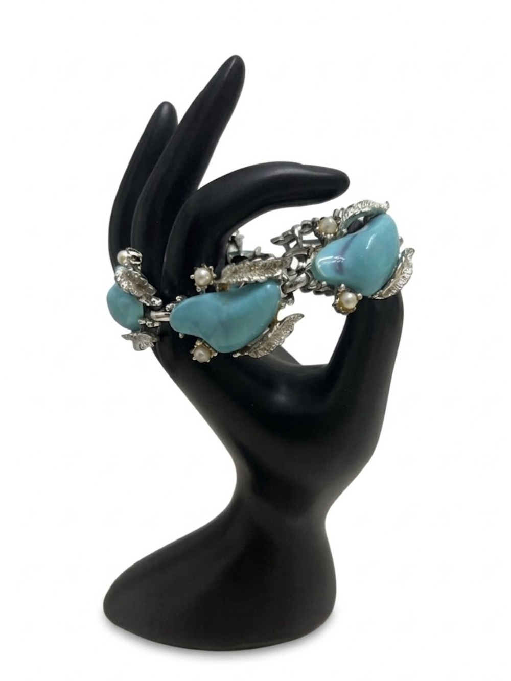 Coro • Vintage Turquoise Purple Swirl Thermoset Lucite Faux Pearl Leaf Bracelet